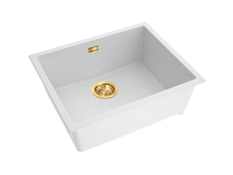 Pure.Sink Eternal Chiuvetă din cuarț alb, 50x40 cm, pentru montare sub blat și pe blat, cu dop automat auriu