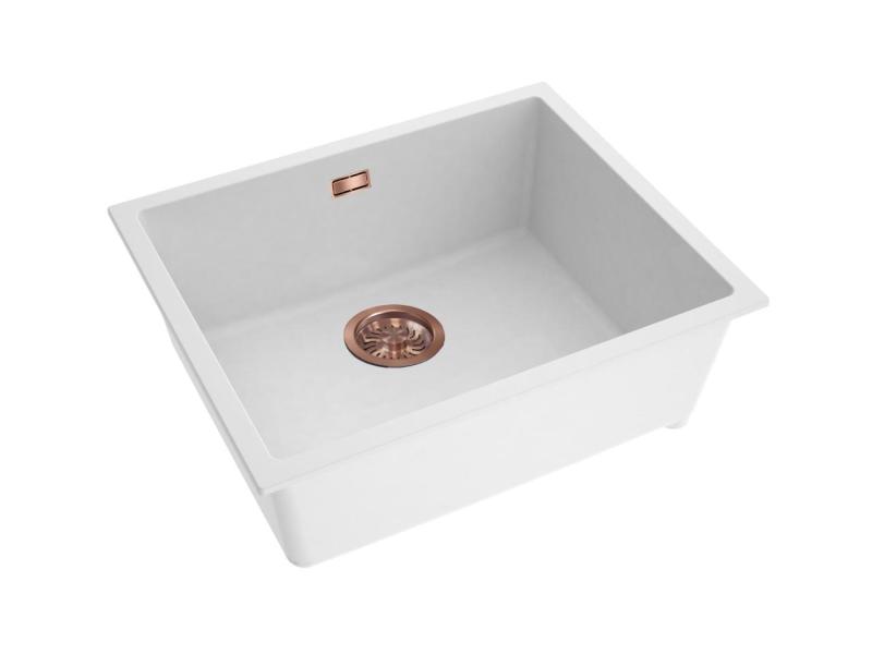 Pure.Sink Eternal Chiuvetă din cuarț alb, 50x40 cm, pentru montare la nivel sau sub blat, cu dop din cupru