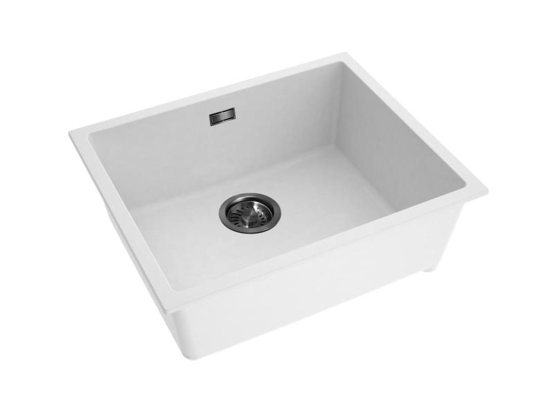 Pure.Sink Eternal Chiuvetă albă din cuarț, 50 x 40 cm, pentru montare la nivel sau sub blat, cu dop de culoare gri metalizat