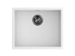 Pure.Sink Eternal Chiuvetă albă din cuarț, 50 x 40 cm, pentru montare la nivel sau sub blat, cu dop automat de culoare gri metalizat