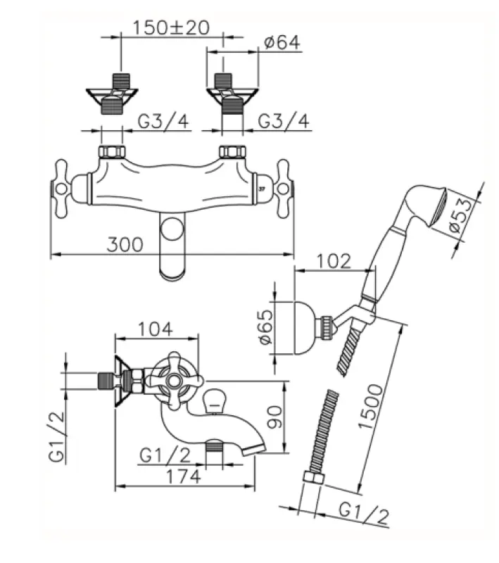 Huber Croisette Robinet termostatic pentru cadă cu set de duș manual Crom CSD2701021