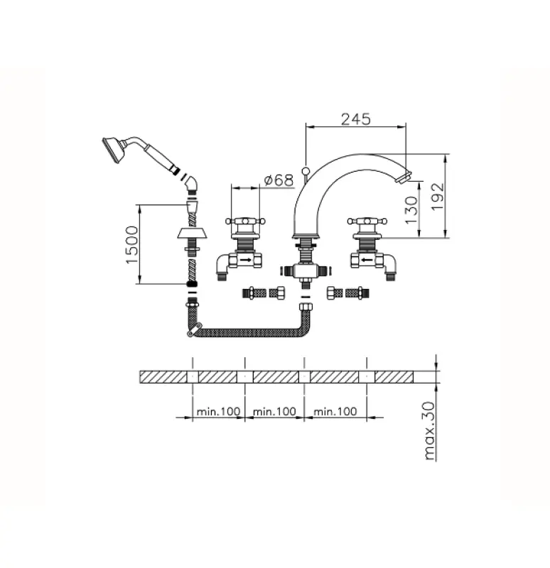 Robinetul de baie Huber Victorian cu 4 găuri, cu set de duș cromat VT00026021