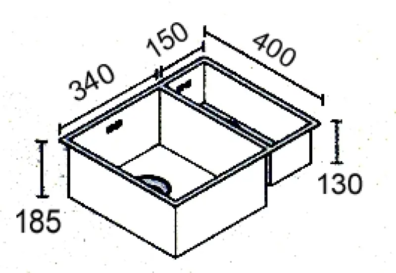 ABK Baronga cu 1,5 cuve Chiuvetă din oțel inoxidabil 34x40+15x40cm sub blat BAR3415f